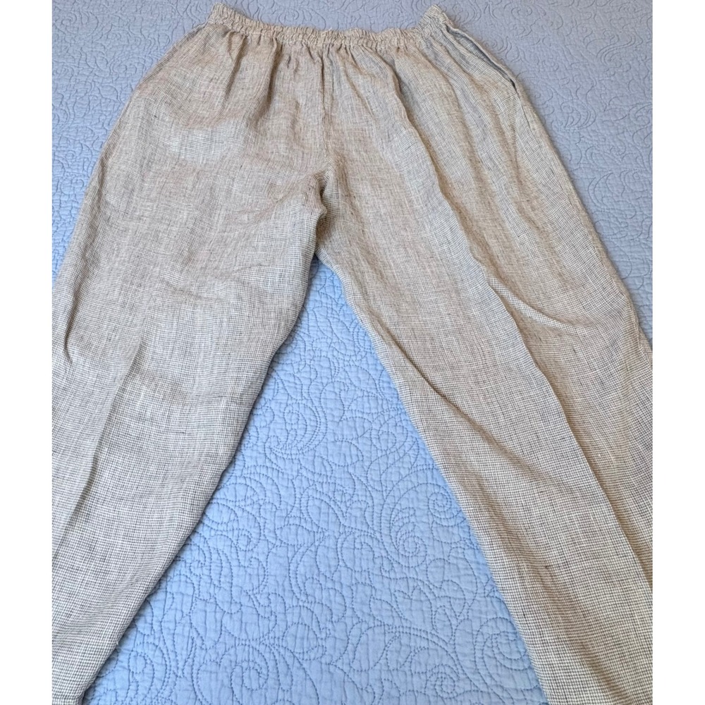 Whats Up Vintage 100% Linen Pants Womens Beige Check Large Made in USA